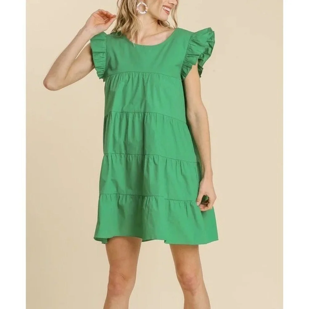 Umgee Green Tiered Dress‎ Ruffle Sleeveless Casual Cotton Women's Size S Beach